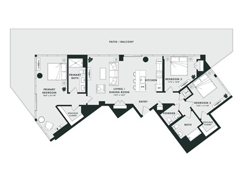 A black and white floor plan of a house with a living room, dining room, kitchen, and three bedrooms.